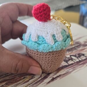 Crochet Cupcake Keychain with Red Cherry